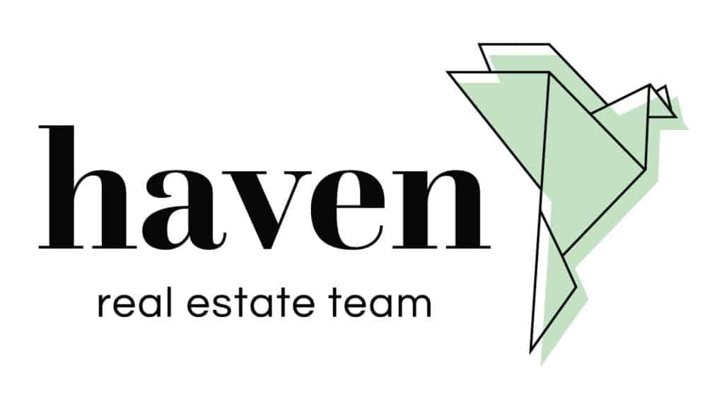 The Haven Real Estate logo has black text and a sage green line art dove that looks like origami.