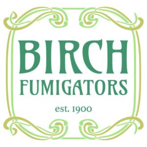 The Birch Fumigators logo has green and gold Art Nouveau tendrils and a dark green font reading "Birch Fumigators est. 1900"